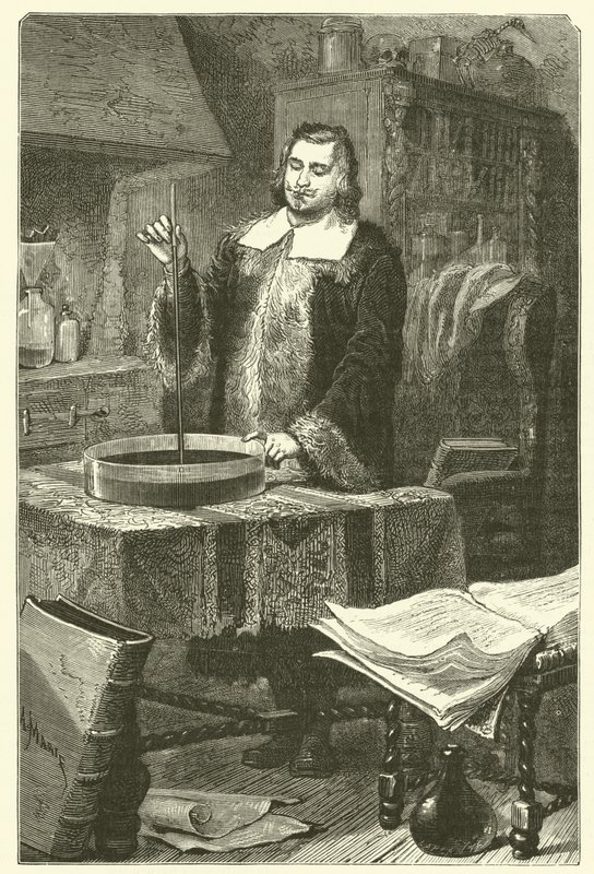 Torricelli uppfann barometern (gravyr) av French School
