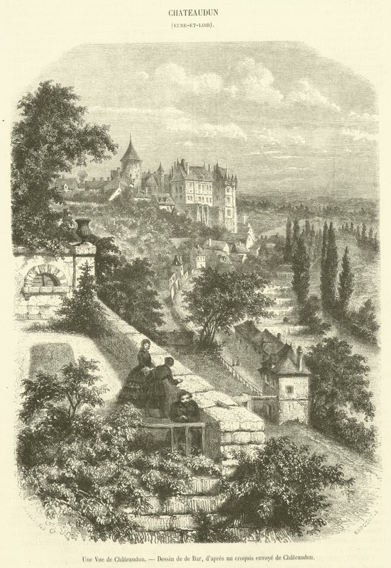 Utsikt över Chateaudun (gravyr) av French School