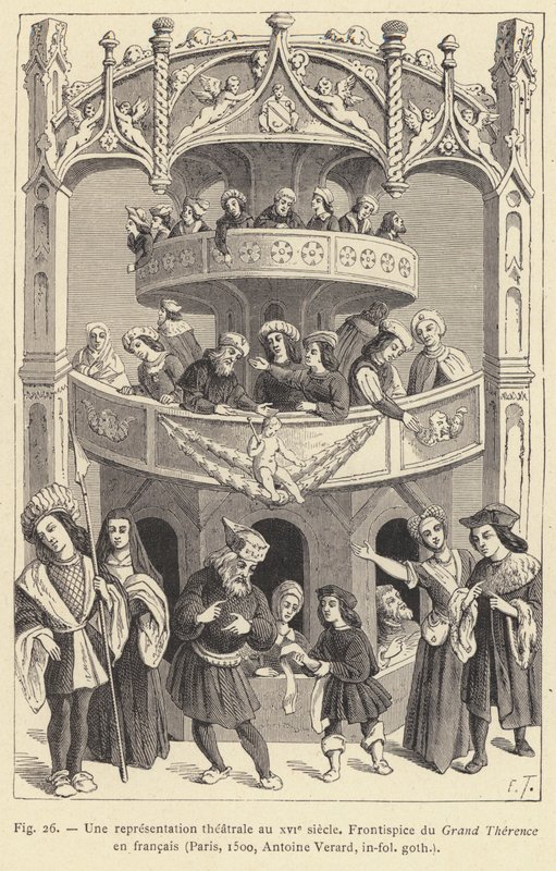 En teaterföreställning på 1500-talet (gravyr) av French School
