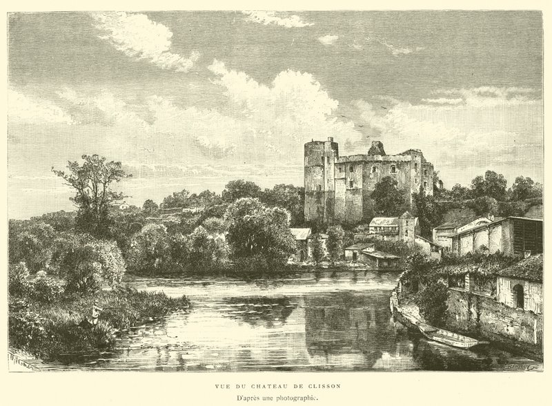 Utsikt över Chateau de Clisson (gravyr) av French School