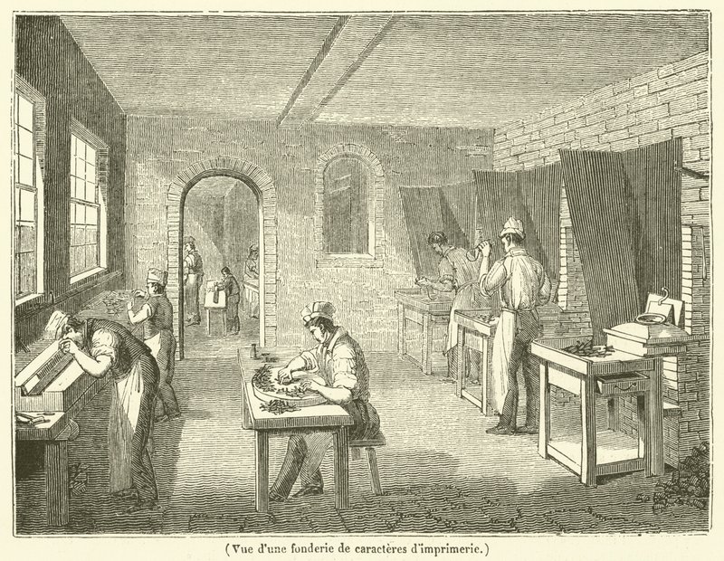 Vy över ett tryckgjuteri (gravyr) av French School