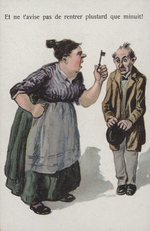 Kvinna som skäller ut sin man (färg litho) av French School