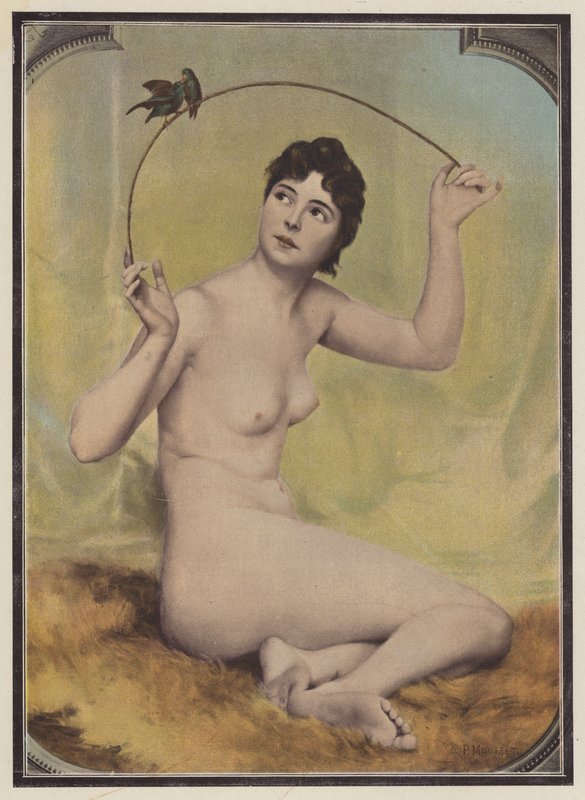 Ung naken kvinna med fåglar (färg litho) av French School