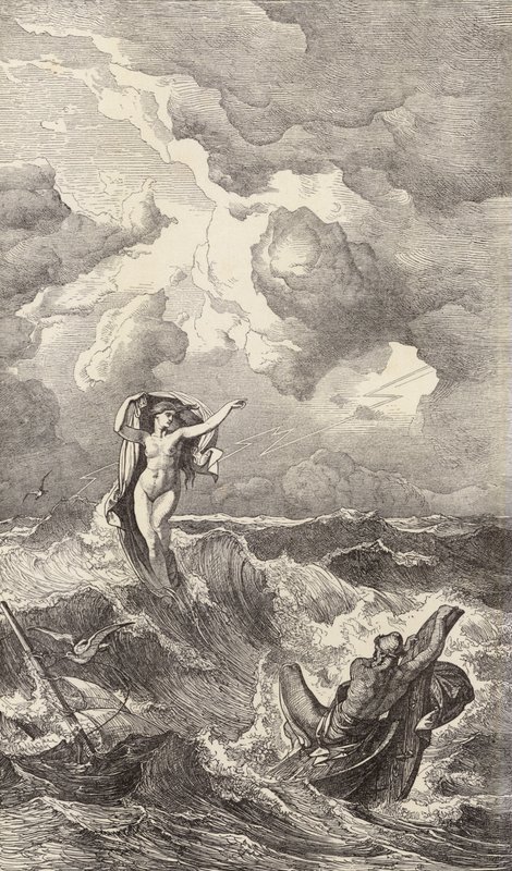 Leucothea och Odysseus (gravyr) av Friedrich the Elder Preller
