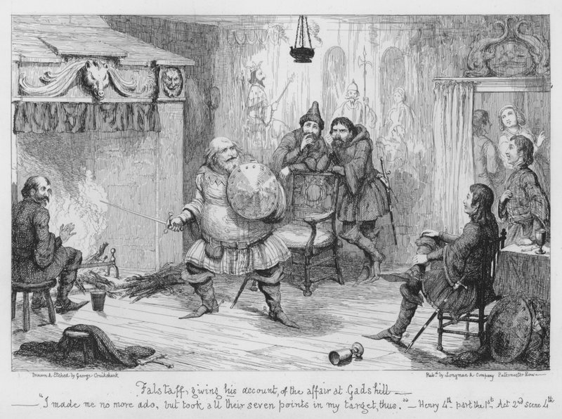 Falstaff ger sin redogörelse för affären i Gadshill av George Cruikshank