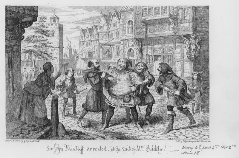 Sir John Falstaff arresterades, efter stämning av Mrs Quickly! av George Cruikshank