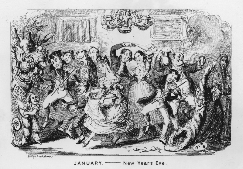 januar, nytårsaften (gravering) swed av George Cruikshank