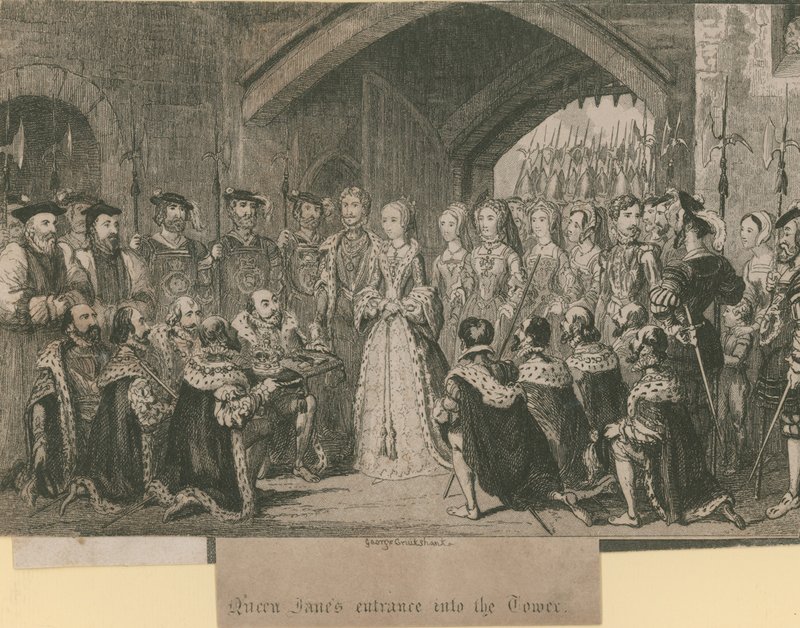 Drottning Janes entré i tornet av George Cruikshank