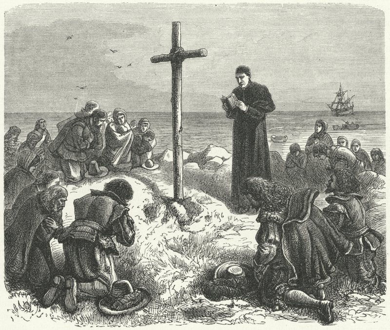 Pilgrimsfädernas landstigning i New England, 1620 av German School