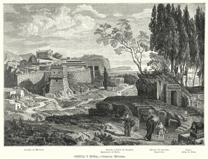 Den antika grekiska staden Mykene (litho) av German School