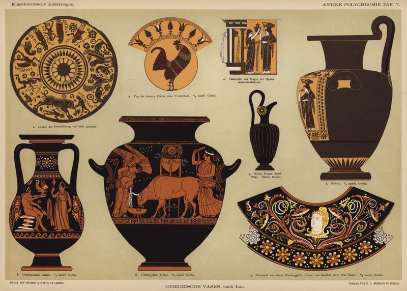 Forntida grekiska polykroma vaser (färg litho) av German School