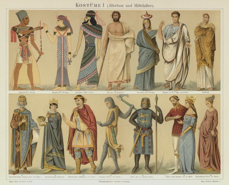Forntida och medeltida dräkter (färg litho) av German School