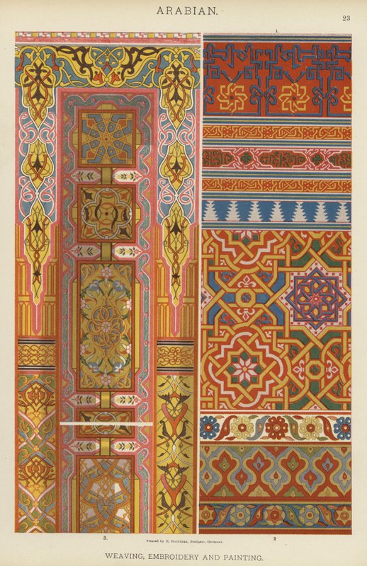 Arabian, vävning, broderi och målning (lito i färg) av German School