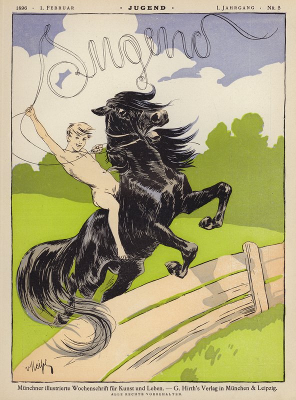Pojke till häst (färg litho) av German School