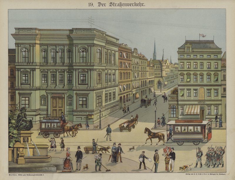 Stadstransport (färg litho) av German School