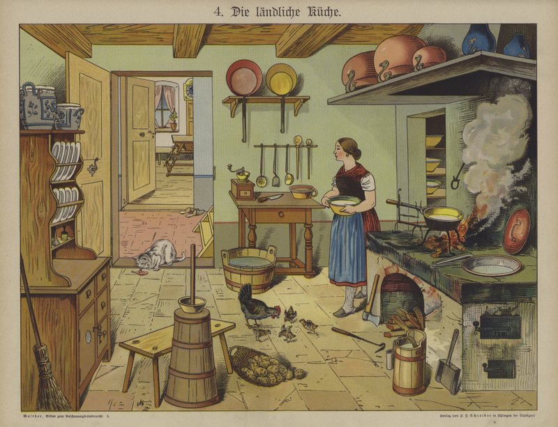 Lantligt kök (litho i färg) av German School