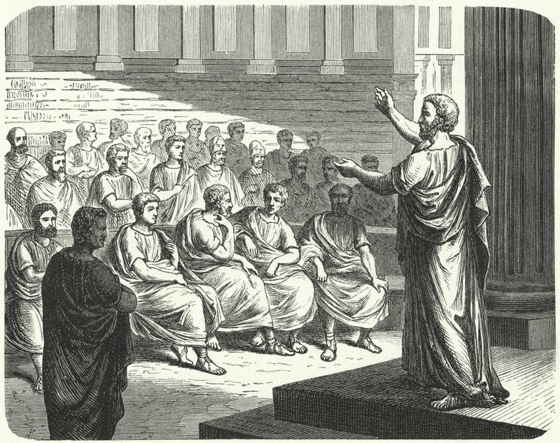 Demosthenes talar emot Filip II av Makedonien av German School