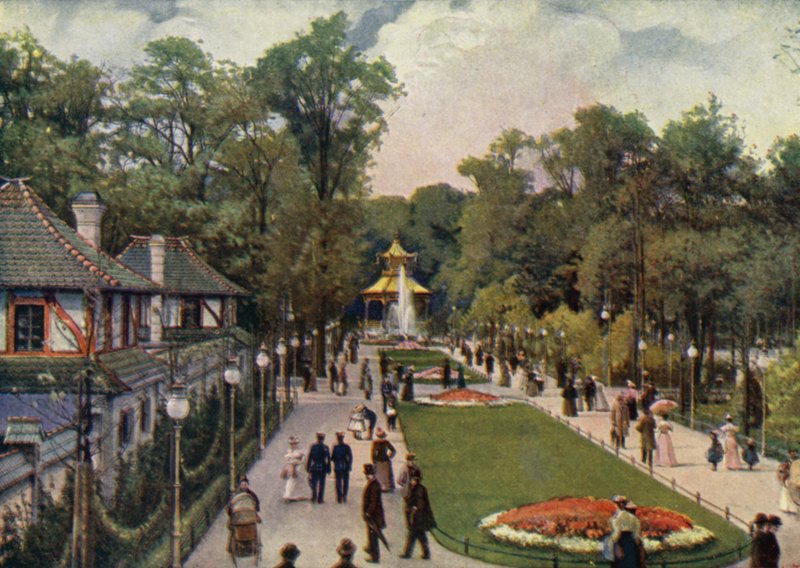 Dreisternpromenade, Berlins zoologiska trädgård, Tyskland (färg litho) av German School
