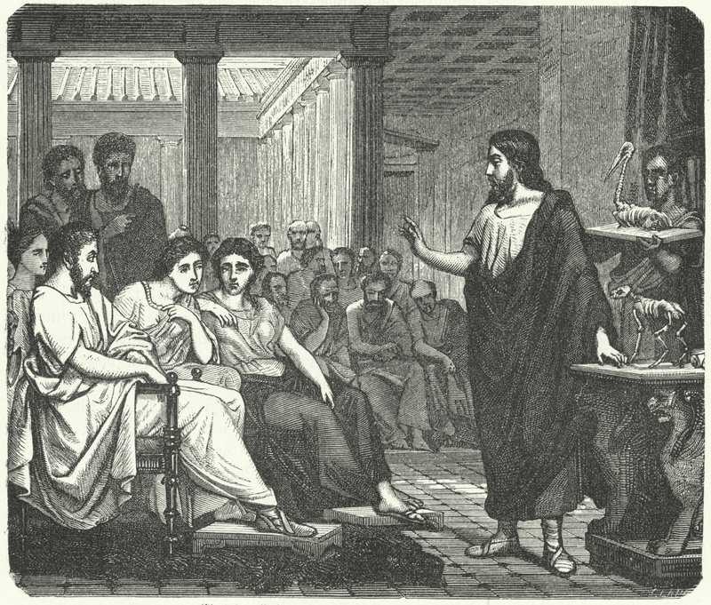 Galenus undervisar i anatomi i antikens Rom (gravyr) av German School