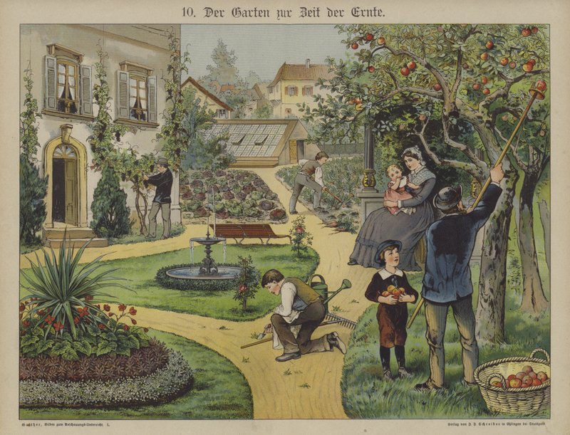 Trädgård i stan (färg litho) av German School