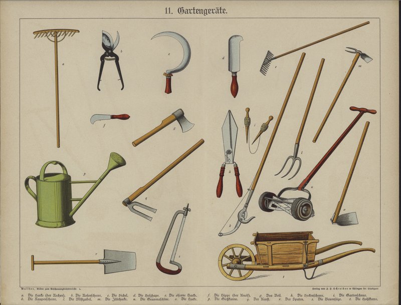 Trädgårdsredskap (färg litho) av German School