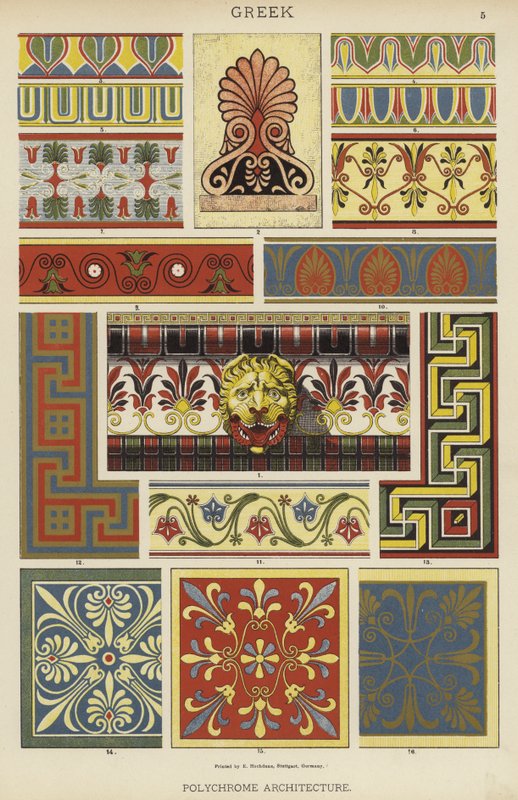 Grekisk, polykrom arkitektur (färg litho) av German School