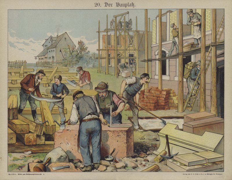 Huskonstruktion (färg litho) av German School