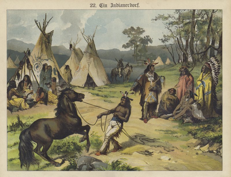 Indiskt läger, Amerika (färg litho) av German School