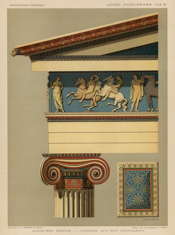 Jonisk entablatur (färg litho) av German School