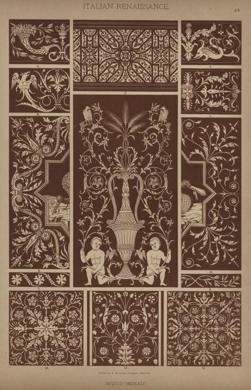 Italiensk renässans, trä-mosaik (färg litho) av German School