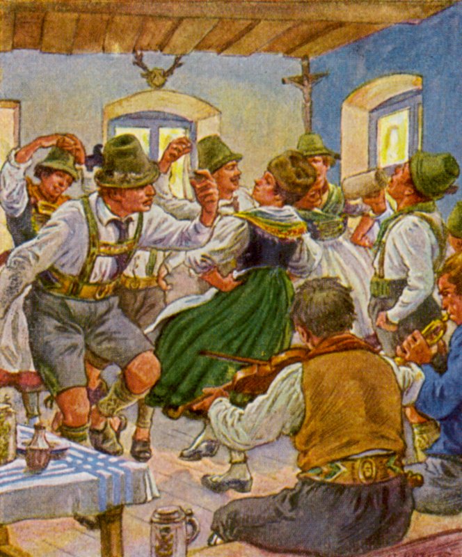 Kirchweihtanz / Kyrkans festdans (färglitografi) av German School