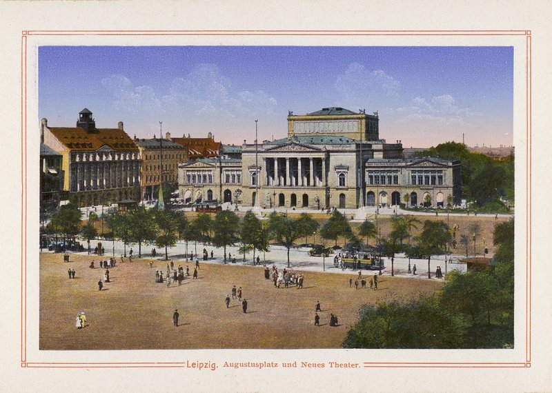Leipzig, Augustusplatz och Neues Theater (färglitografi) av German School