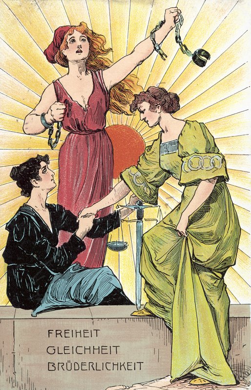 Frihet, jämlikhet, broderskap (färg litho) av German School