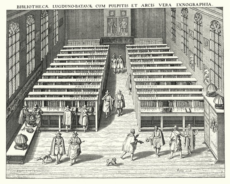 Bibliotek vid universitetet i Leiden (gravyr) av German School