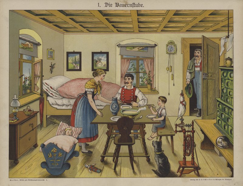 Vardagsrum (färg litho) av German School