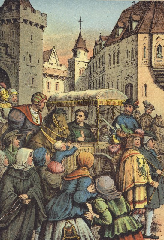 Luthers intåg i Worms (chromolitho) av German School