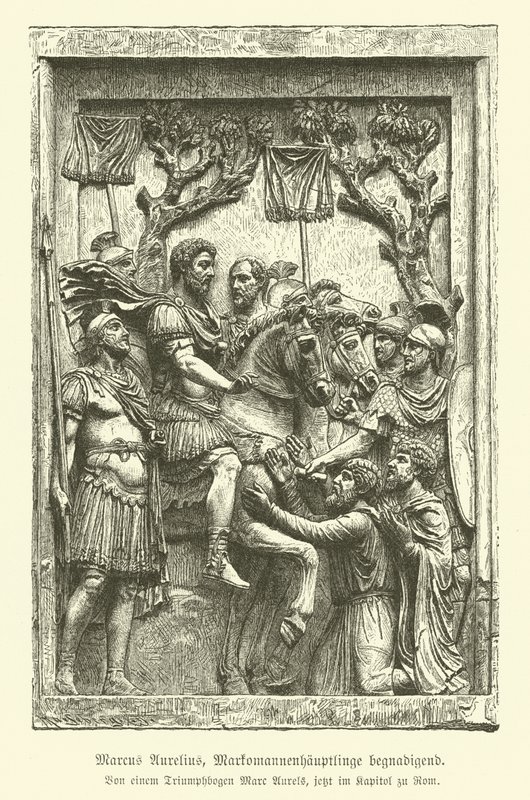 Marcus Aurelius benådar Marcomannic-hövdingar (gravyr) av German School