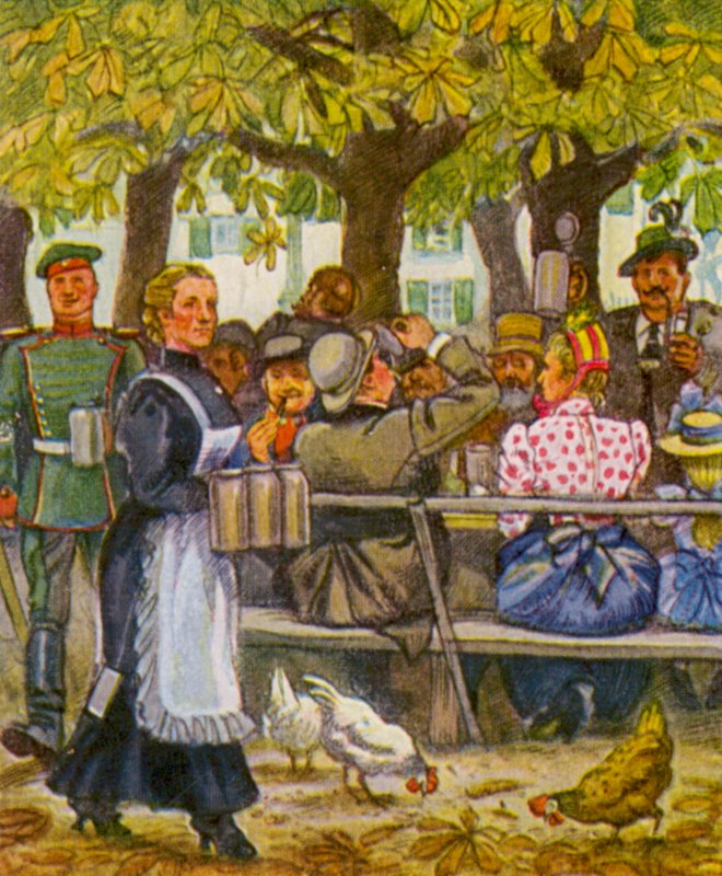 Munchener Sommerkeller / Münchens sommarkällare (färglitografi) av German School