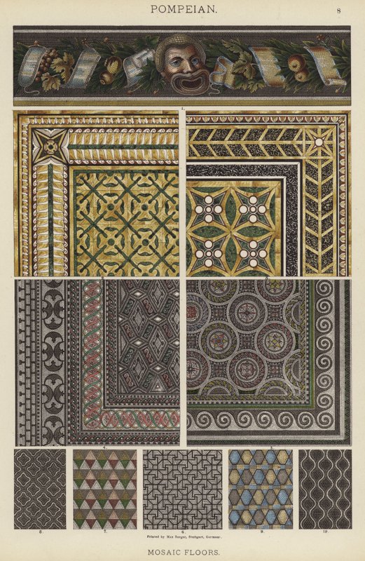 Pompeianska, mosaikgolv (färg litho) av German School