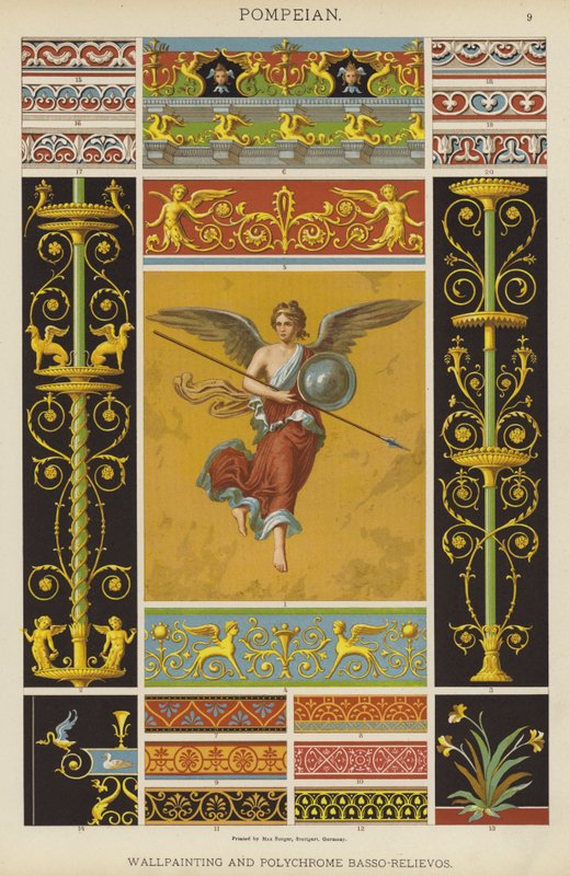 Pompeiansk, väggmålning och polykrom Basso-Relievo (färg litho) av German School