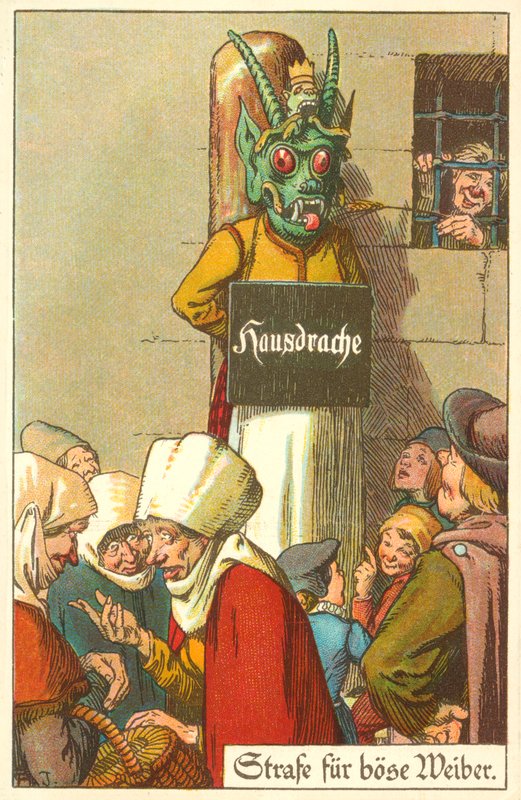 Straff för dåliga fruar (färglitografi) av German School