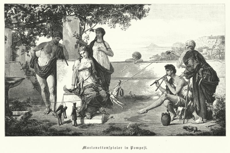 Romerska dockspelare i Pompeji (gravyr) av German School
