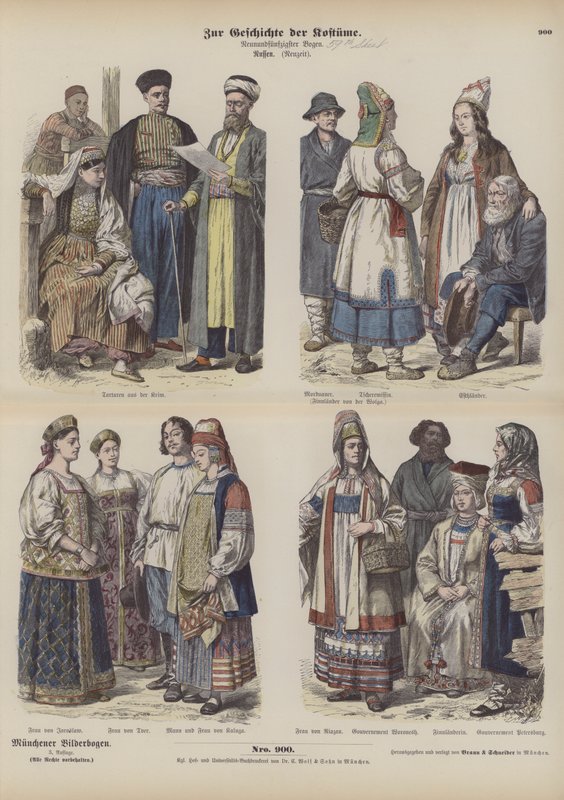 Ryska dräkter, sent 1800-tal (färgad gravyr) av German School