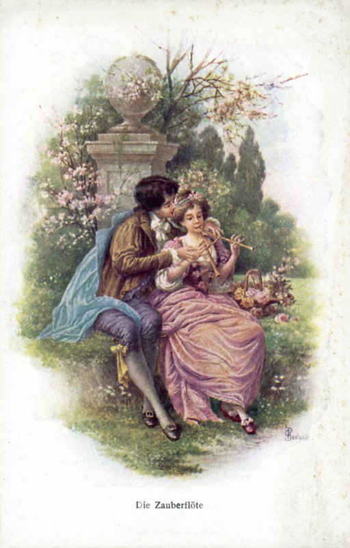 Scen från Trollflöjten (färg litho) av German School