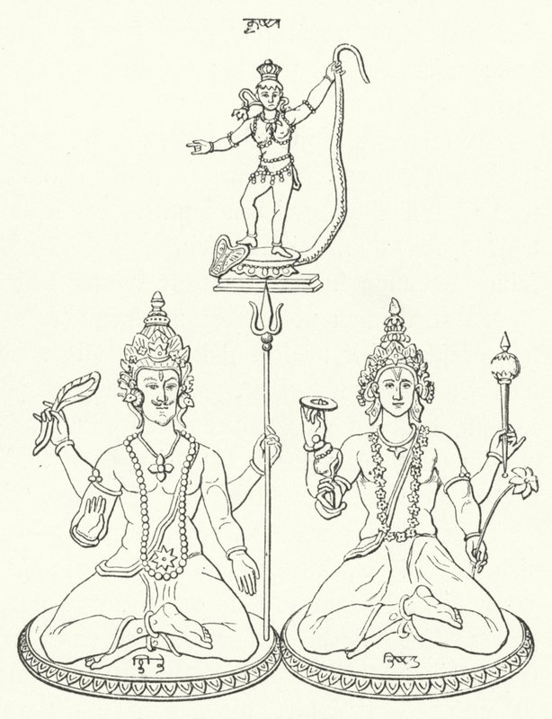 Shiva, Vishnu och Krishna, hinduiska gudar (gravyr) av German School
