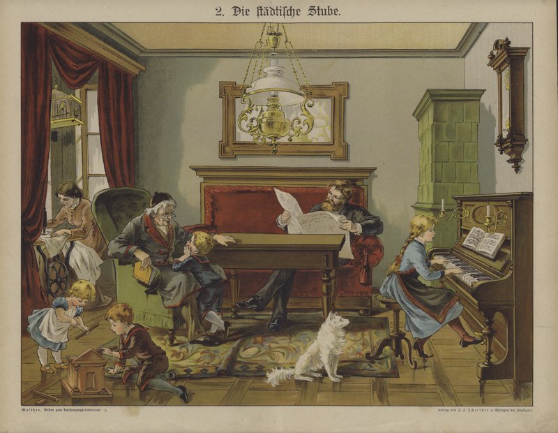 Vardagsrum i stan (färg litho) av German School