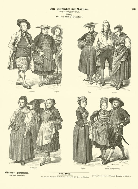 Schweiziska dräkter, sent 1700-tal (gravyr) av German School