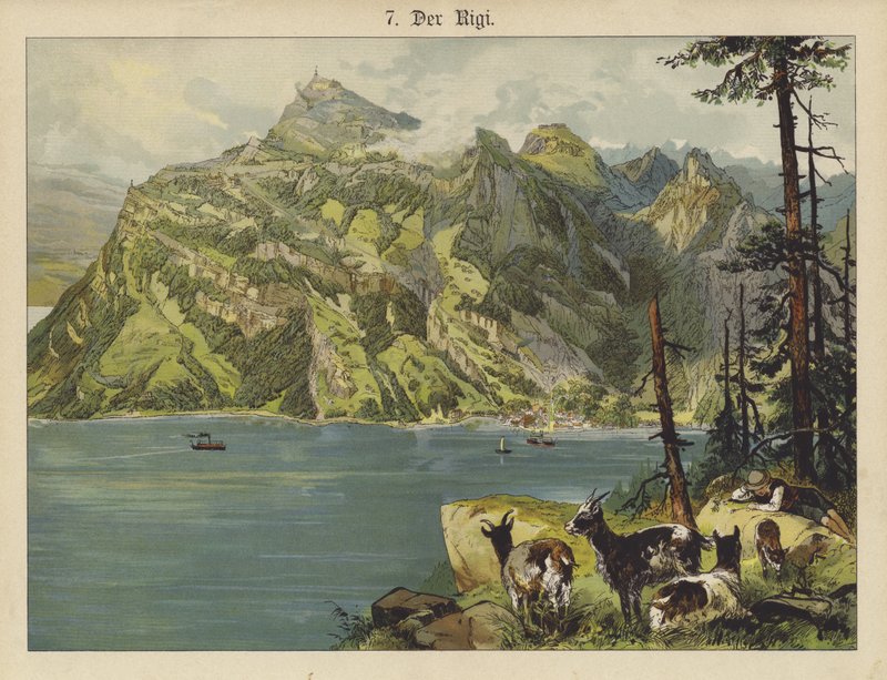 The Rigi (färg litho) av German School