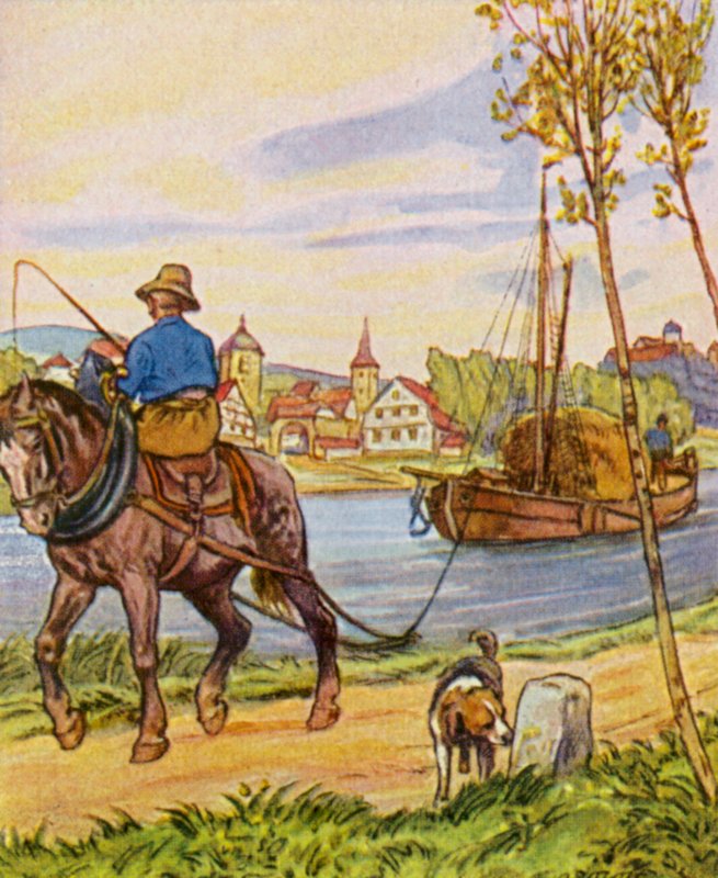 Treidelschiff / Bogserbåt (färglitografi) av German School