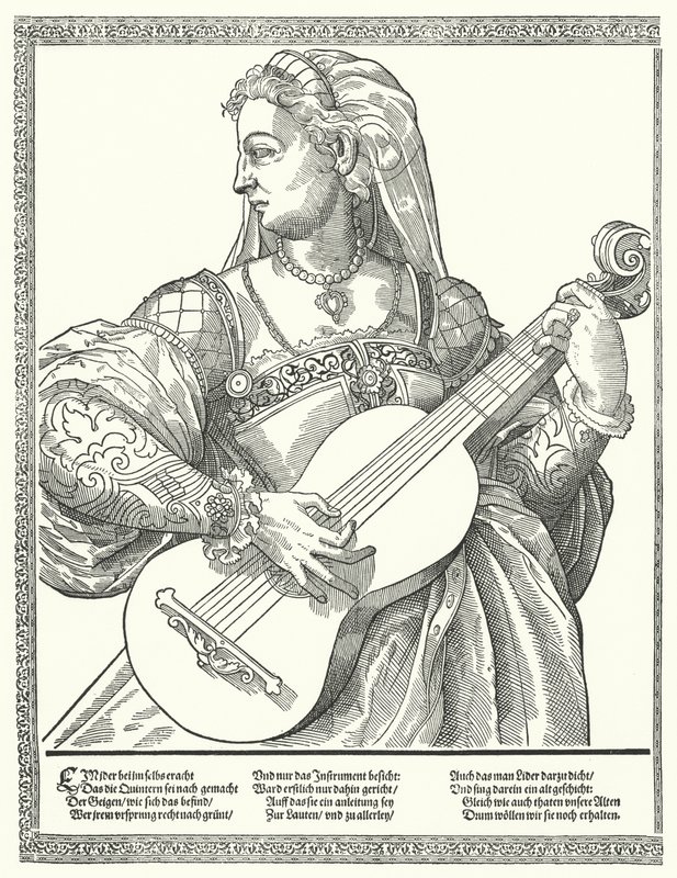 Kvinna som spelar gitarr (gravyr) av German School